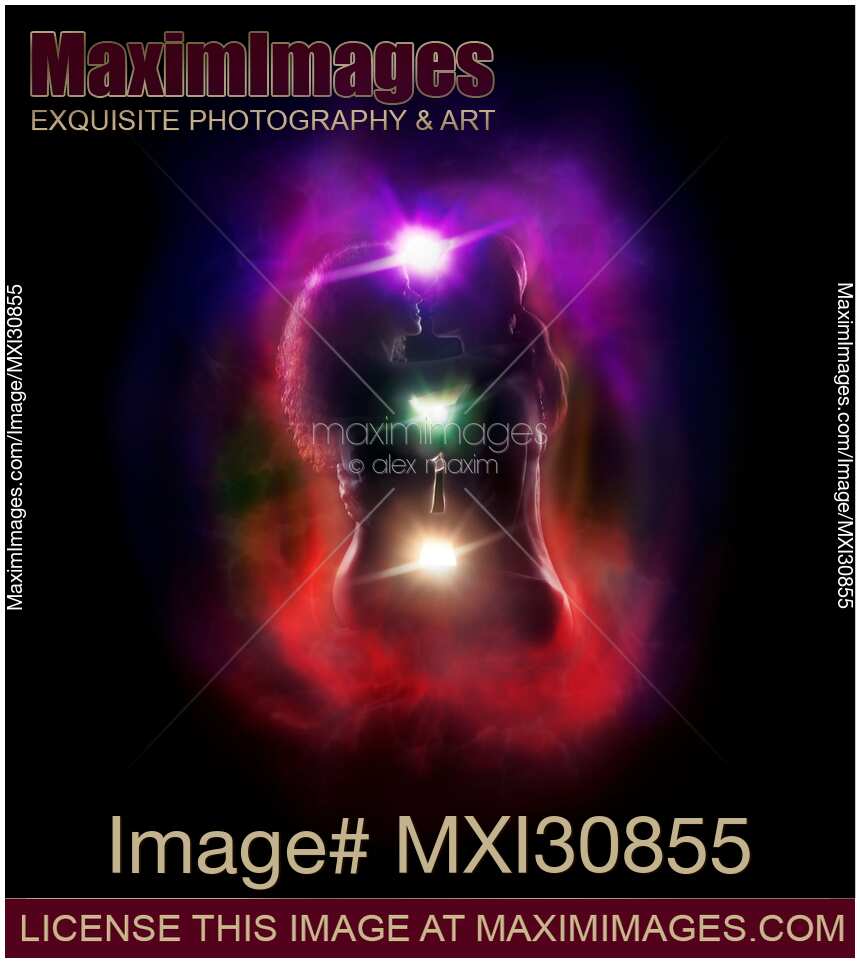 Tantra and Tantric sexuality spiritual concept of a couple making love showing chakral energy flow around their bodies