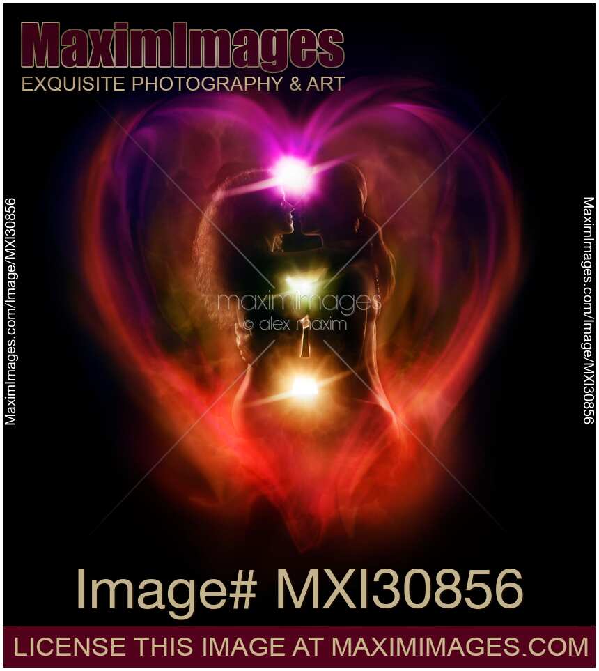 Tantra and Tantric sexuality spiritual concept of a couple making love with chakra energy flow in a shape of a heart around their bodies