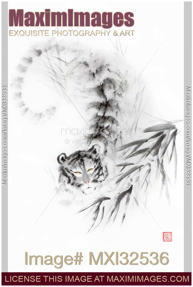 Taoist White Tigress wild tiger under bamboo Fine art Sumi-e painting