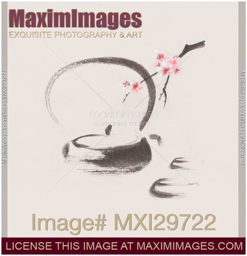 Teapot and sakura blossom Tea ceremony still life Japanese Zen Sumi-e painting