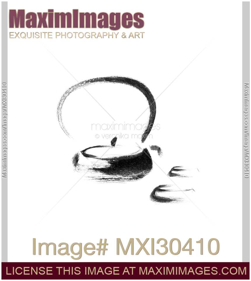 Teapot and two cups Zen style Sumi-e artwork black on white background