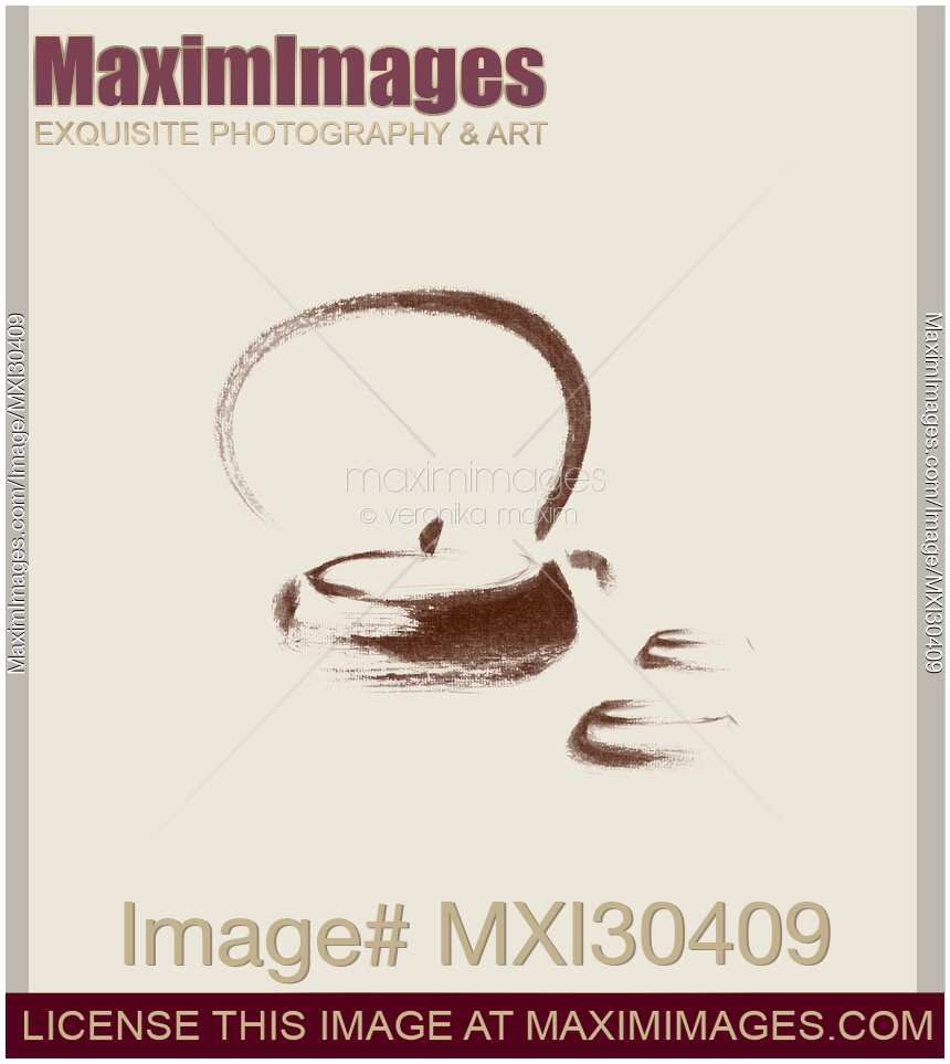 Teapot and two cups Zen style Sumi-e artwork brown on beige background