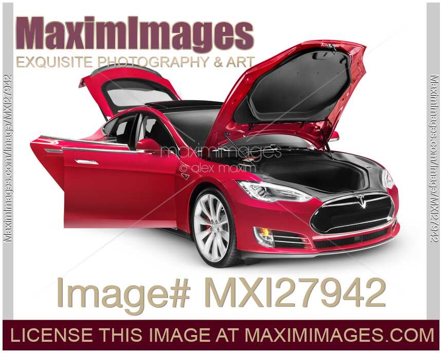 Tesla Model S electric car with open doors and hood