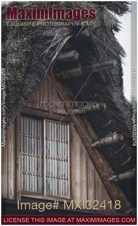 Thatched roof eaves of a traditional Japanese Gassho rural house artistic closeup Shirakawa-go