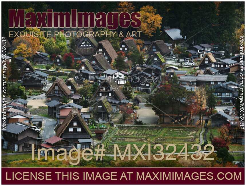 Thatched roof Gassho houses at Shirakawa-go traditional Japanese village Aerial autumn scenery