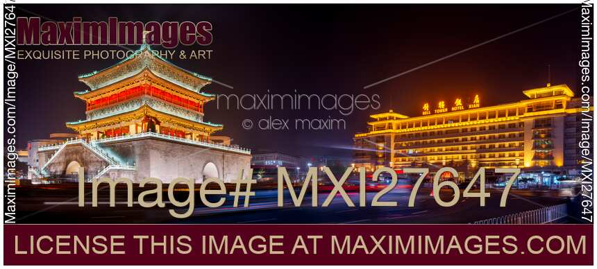The Bell Tower and Bell tower hotel at night in Xi'an China