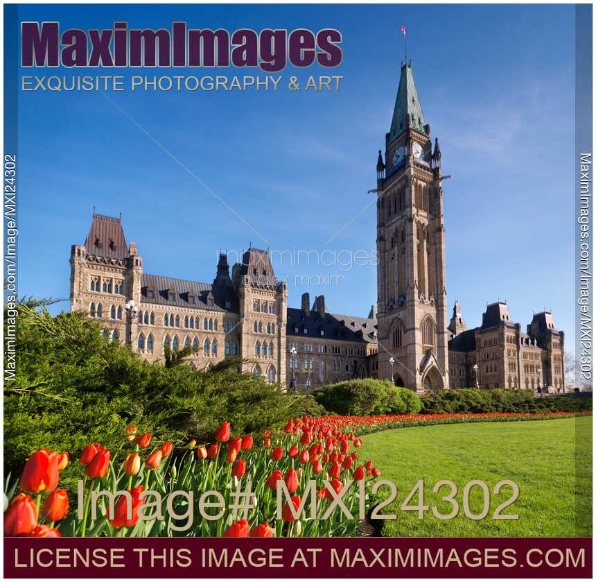 The Parliament Building during tulip festival in Ottawa Canada