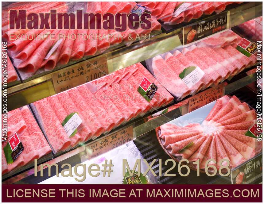 Thin slices of Japanese beef in a store