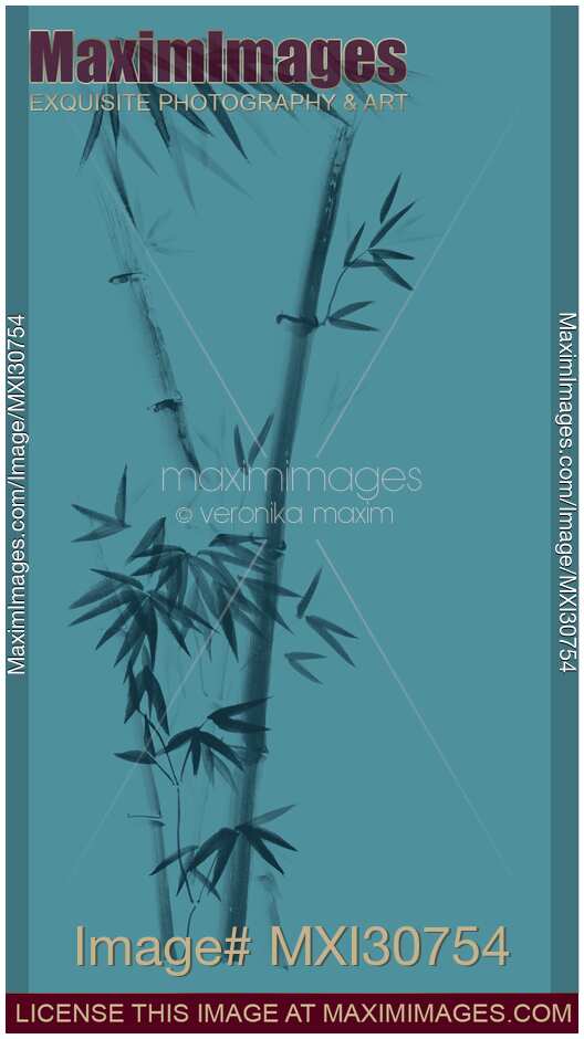 Three bamboo stalks with leaves artistic oriental style design illustration on sky blue background