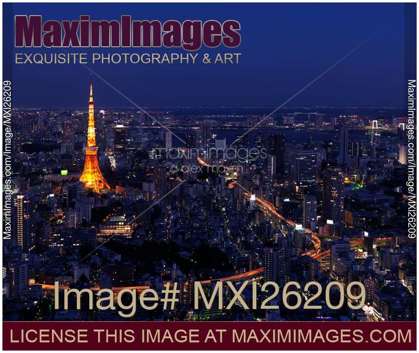 Tokyo Tower and highway in cityscape at night
