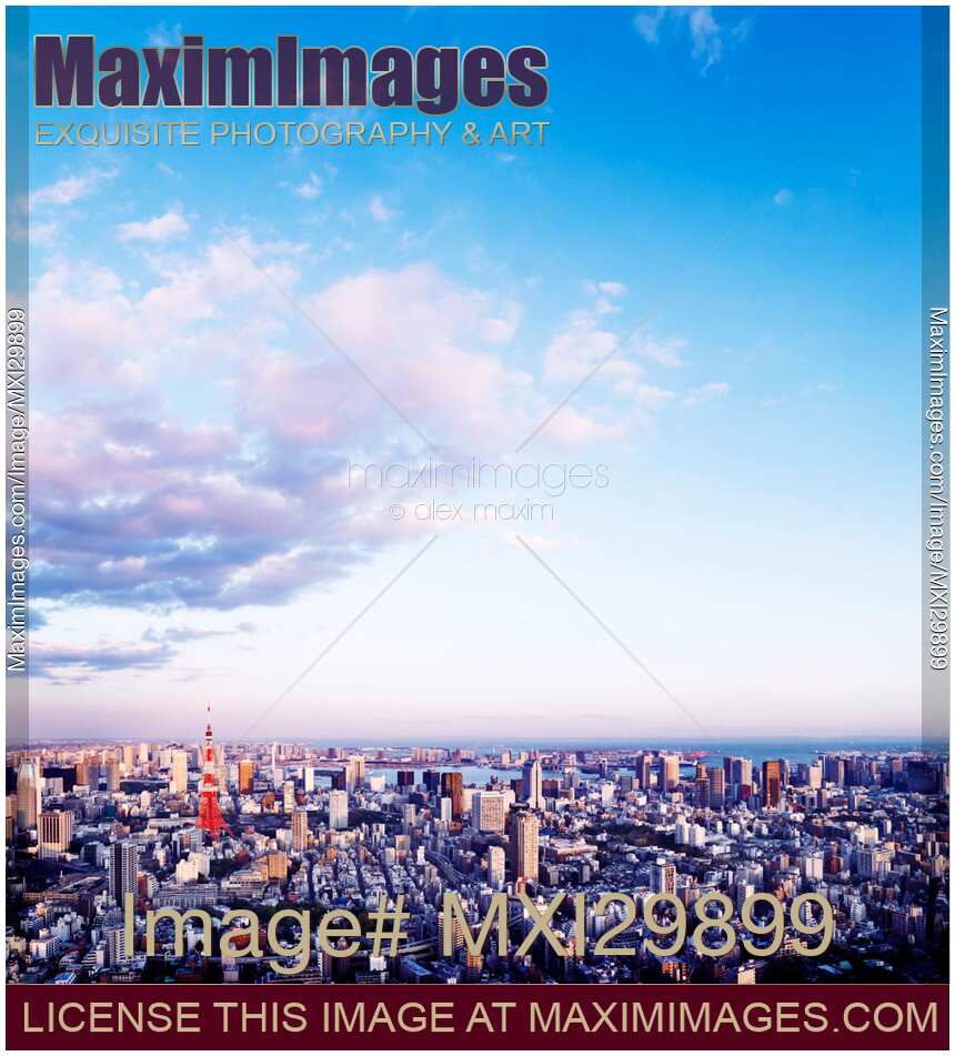 Tokyo tower in beautiful aerial scenery Tokyo city under vast blue sky