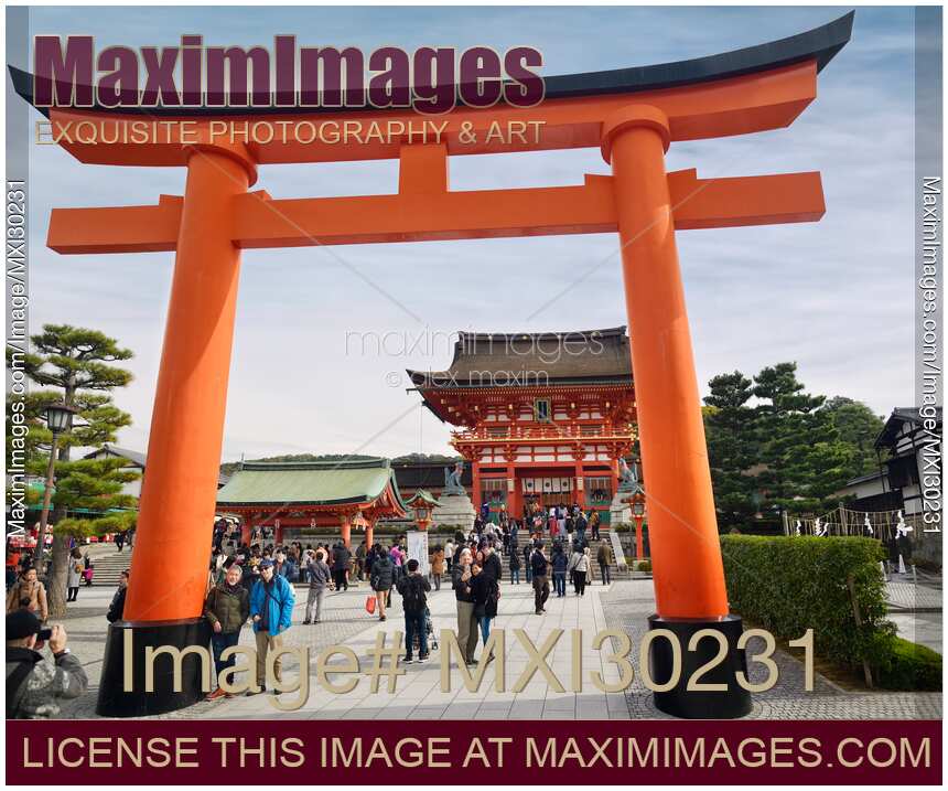Torii in front of the Main gate of Fushimi Inari shrine in Kyoto Japan