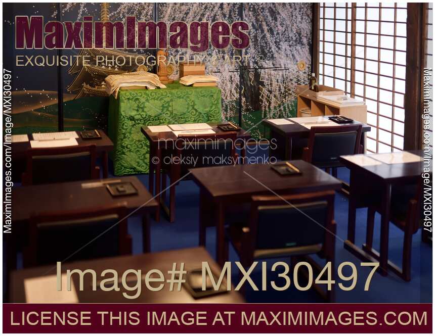 Traditional Japanese calligraphy study room in a Buddhist temple
