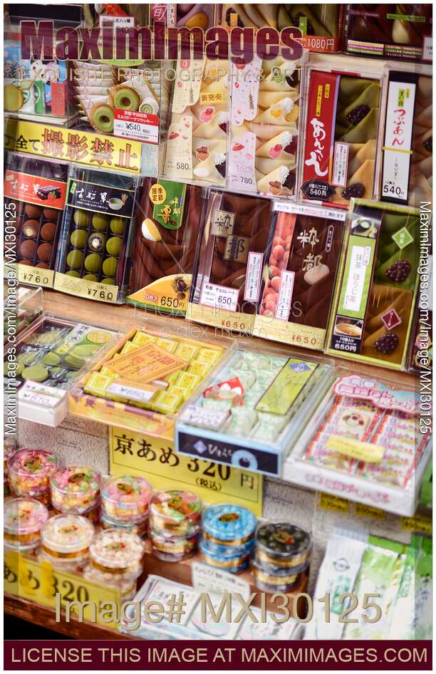 Traditional Japanese confectionery Yatsuhashi and Mochi sweets in Kyoto store