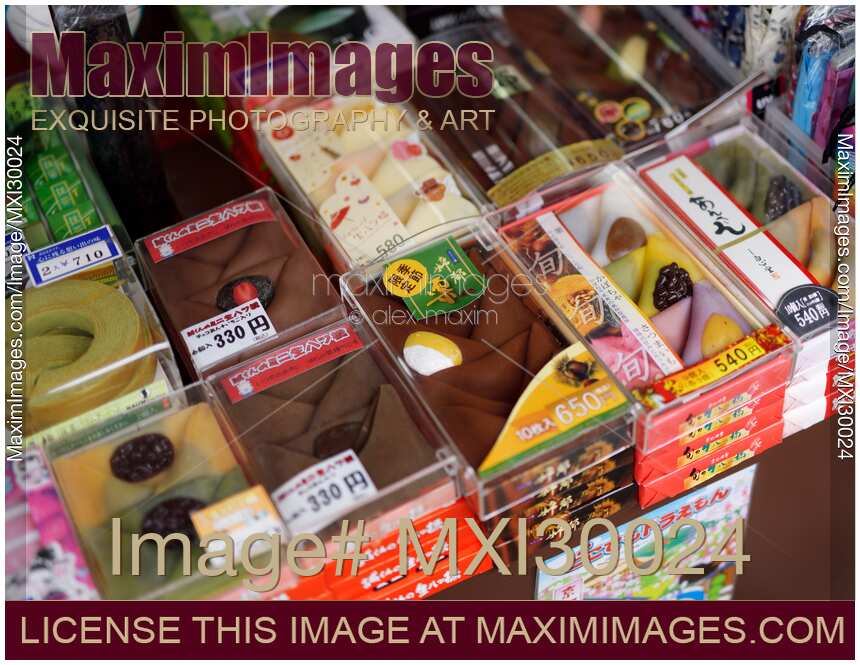 Traditional Japanese confectionery Yatsuhashi souvenir treats Miyagegashi on store display