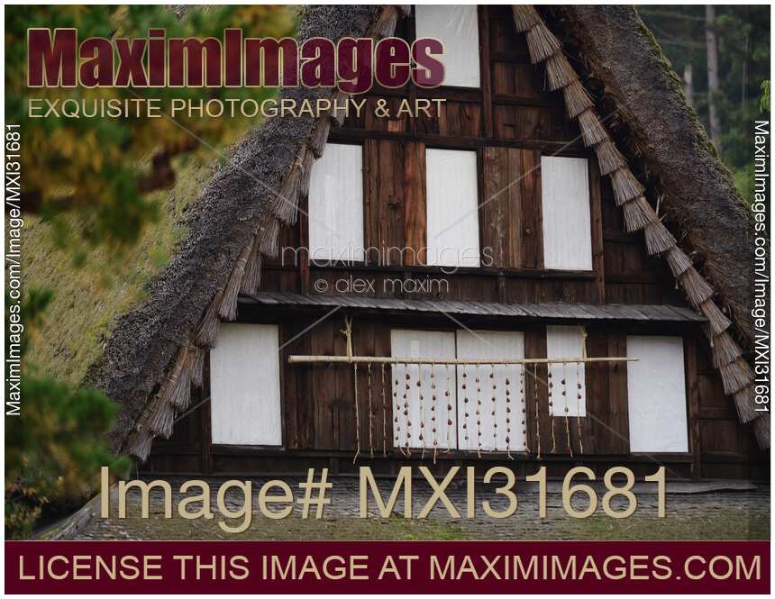Traditional Japanese Gassho house architectural details closeup Hida Folk Village