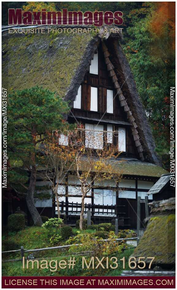 Traditional Japanese Gassho house with thatched roof at Hida Folk Village Takayama Japan