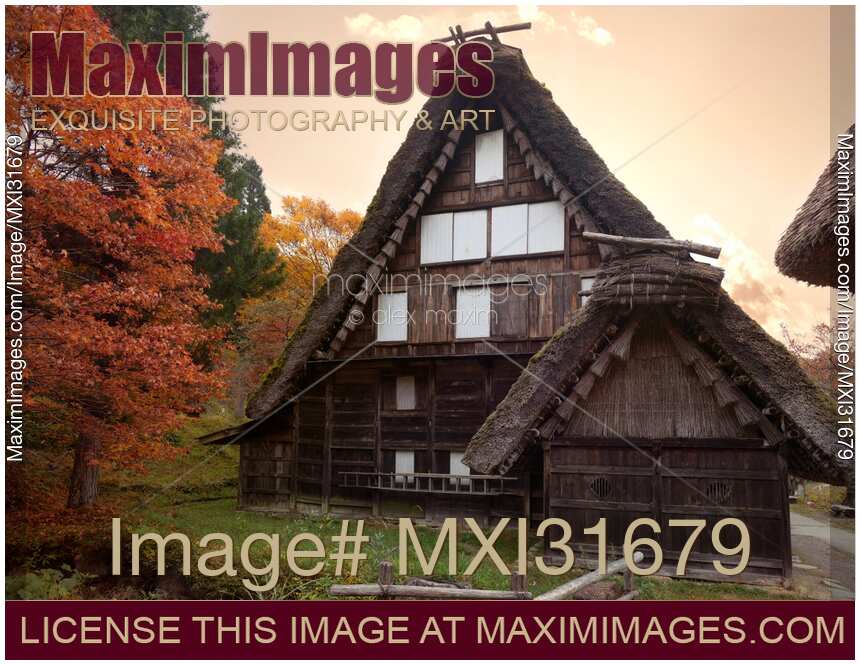 Traditional Japanese Gassho-style rural house with a thatched roof at Hida Folk Village Japan
