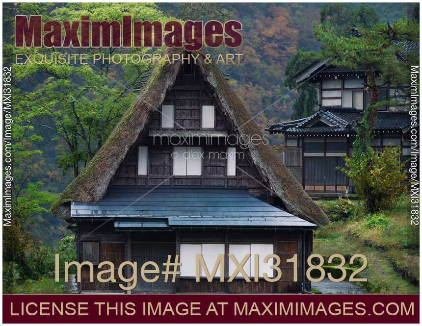Traditional Japanese Gassho-style rural house with thatched roof in Ainokura Japan