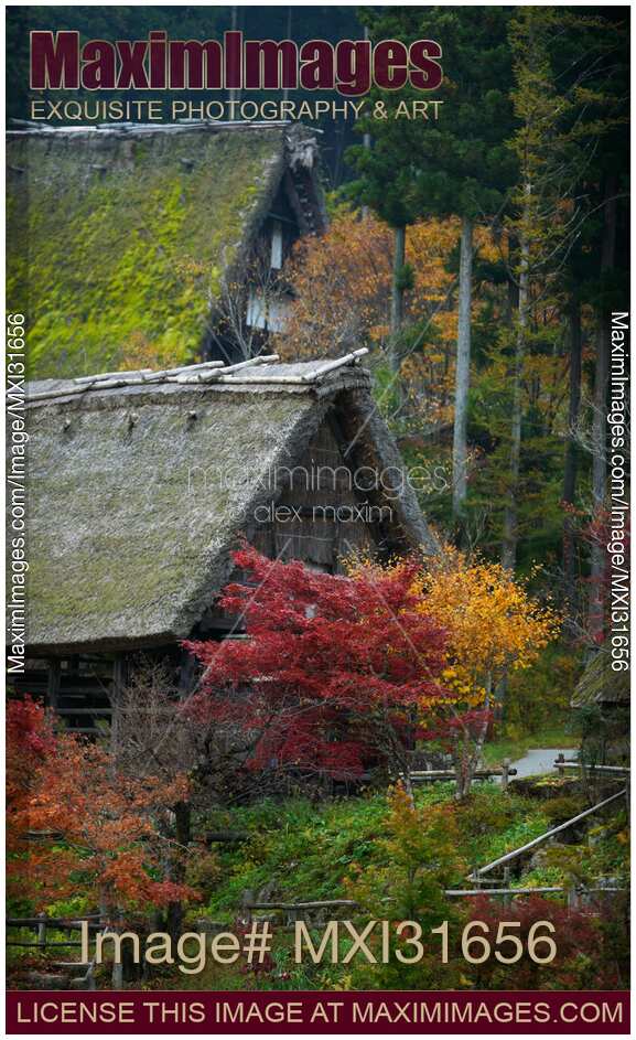Traditional Japanese Gasshou-style rural houses at Hida Folk Village Gifu Japan