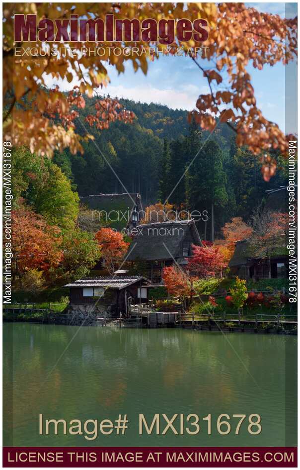 Traditional Japanese Gasshou style rural houses at Hida Folk Village in beautiful autumn scenery