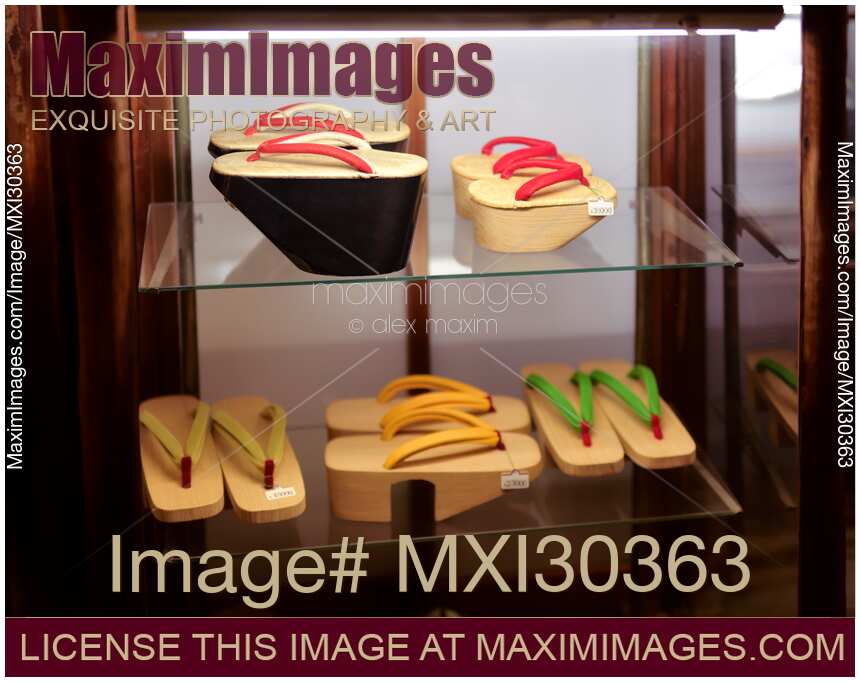 Traditional Japanese Geta shoes on a store display in Japan