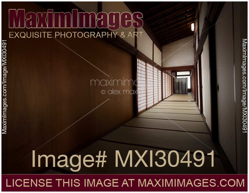 Traditional Japanese interior with tatami mats and shoji sliding screens in a temple