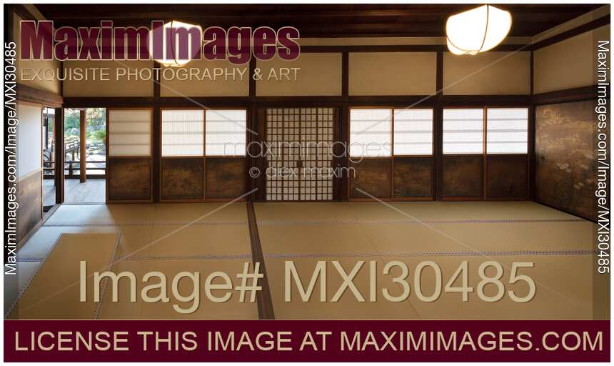 Traditional Japanese interior with tatami mats and shoji sliding screens in Sanboin temple Daigoji Kyoto Japan
