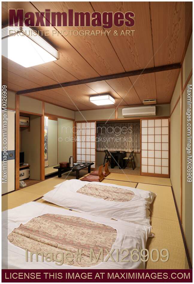 Traditional Japanese room at ryokan with futons