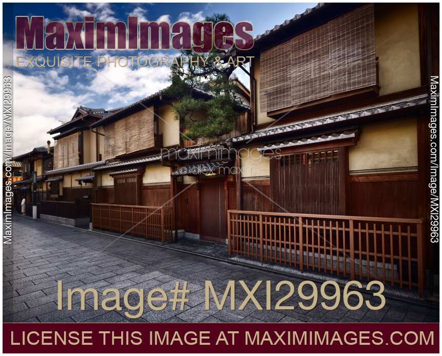 Traditional Japanese Tea house with pine tree above the entrance in Gion Kyoto