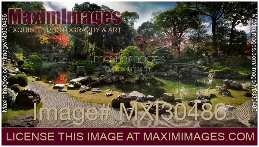 Traditional Japanese Zen rock garden with a pond at Sanboin Buddhist temple Daigoji complex in Kyoto Japan