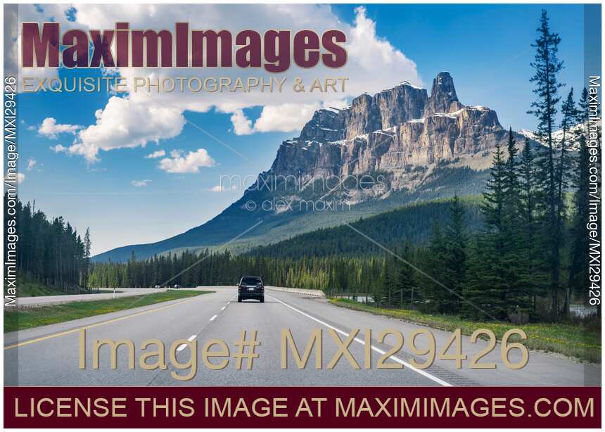 Trans-Canada highway in Alberta Rockies Canada view from a car