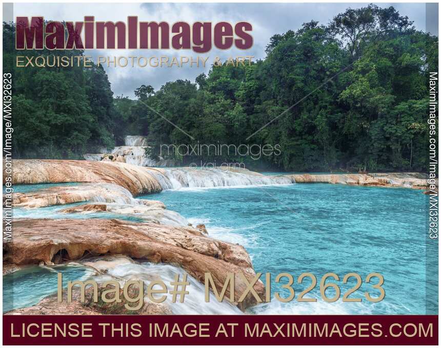 Tropical nature scenery of the waterfall Agua Azul turquoise blue water in Chiapas Mexico