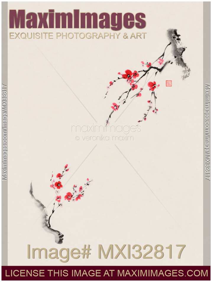 Two beautiful Sakura branches with red blossoms reaching towards each other Zen sumi-e painting on beige background