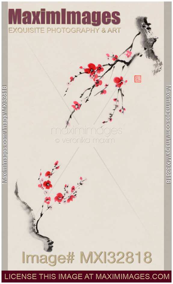 Two blossoming Sakura tree branches reaching towards each other Fine art sumi-e Zen painting on beige