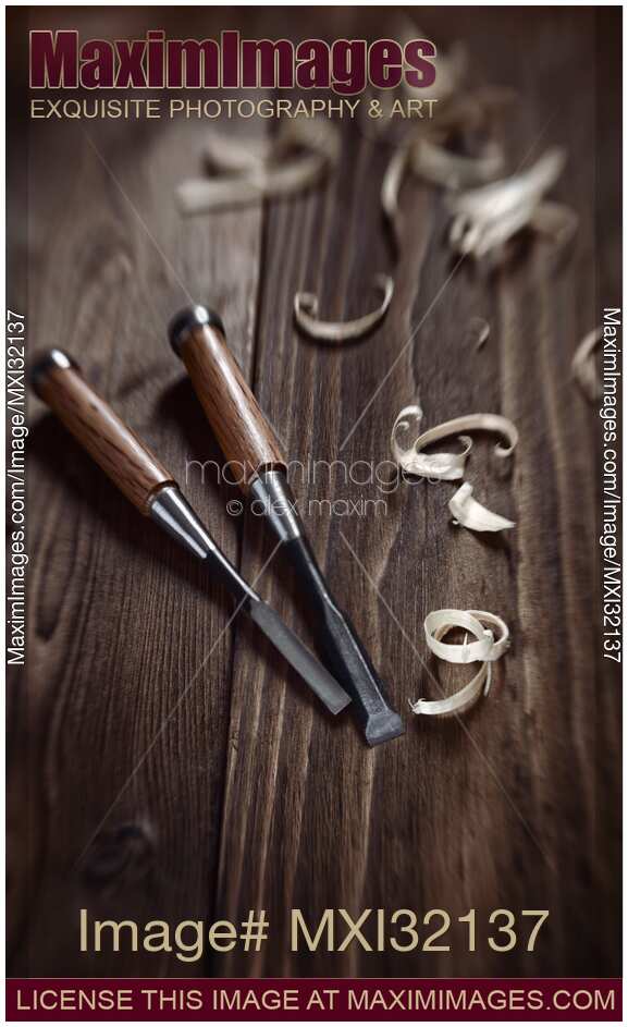 Two chisels and curly wood shavings artistic carpentry still life