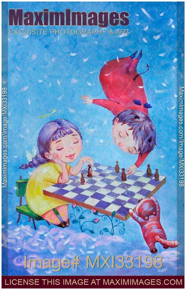 Two cute children an angel girl and a devil boy playing chess in heaven