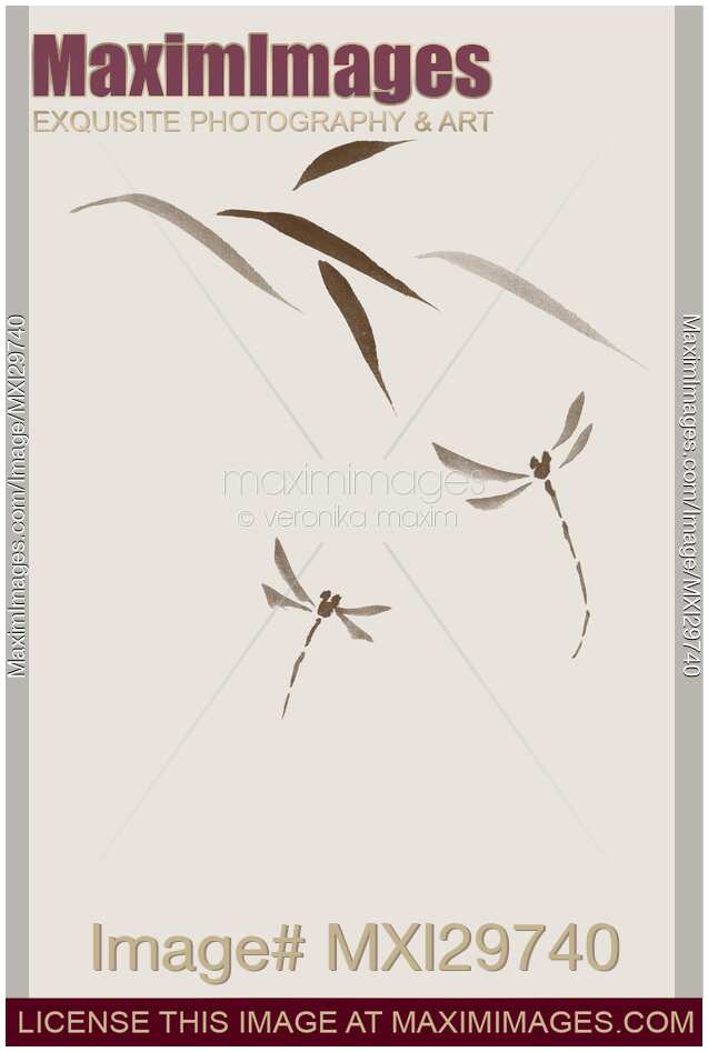 Two dragonflies and leaves Delicate romantic Zen style design on light beige background