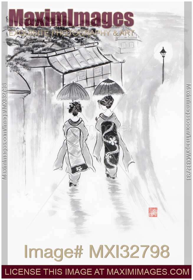 Two Japanese Maiko women in kimono walking in Gion with umbrellas in the rain Sumi-e fine art painting
