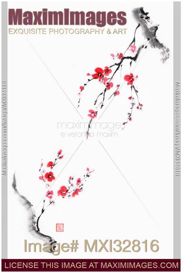 Two Japanese plum blossom branches reaching towards each other Fine art sumi-e Zen painting