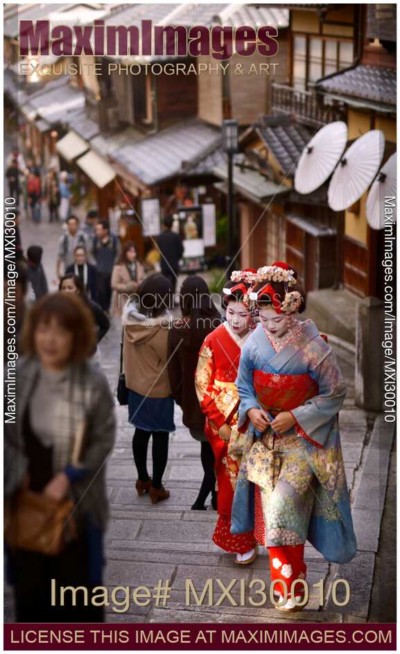 Two Maiko Geisha apprentices in kimono walking on streets among people in Kyoto