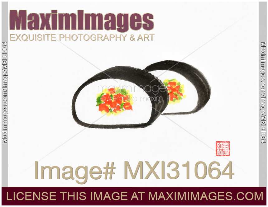 Two slices of a sushi roll ink painting