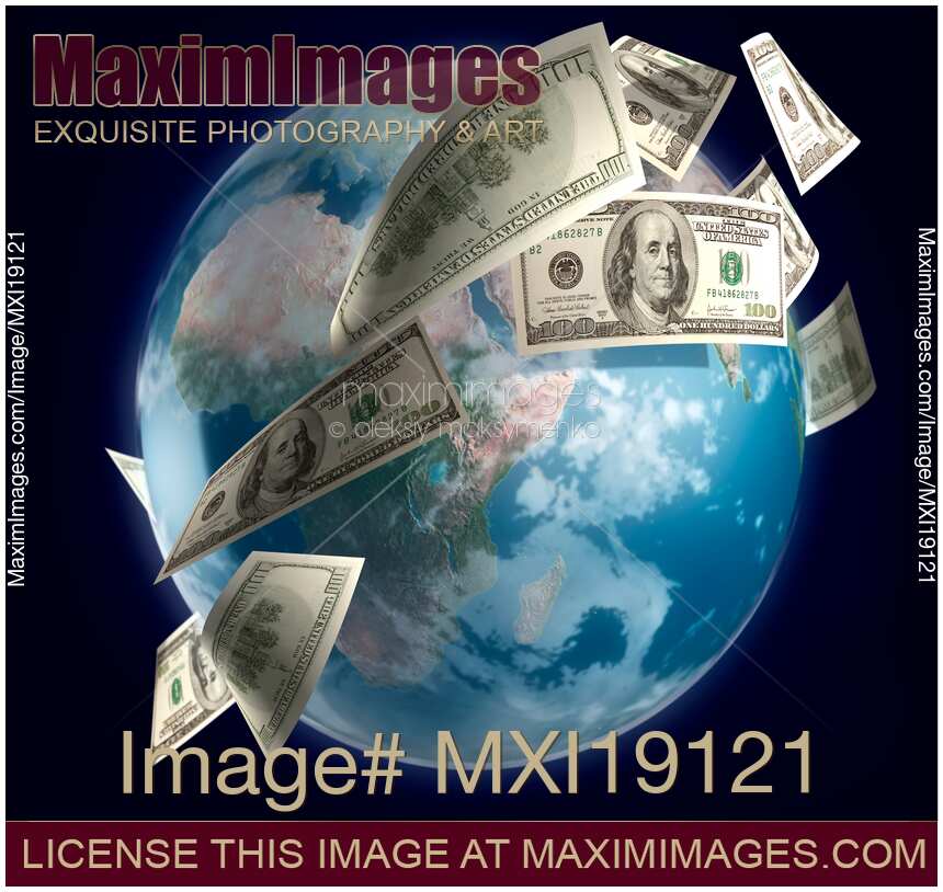 US dollars money flying around the world globe