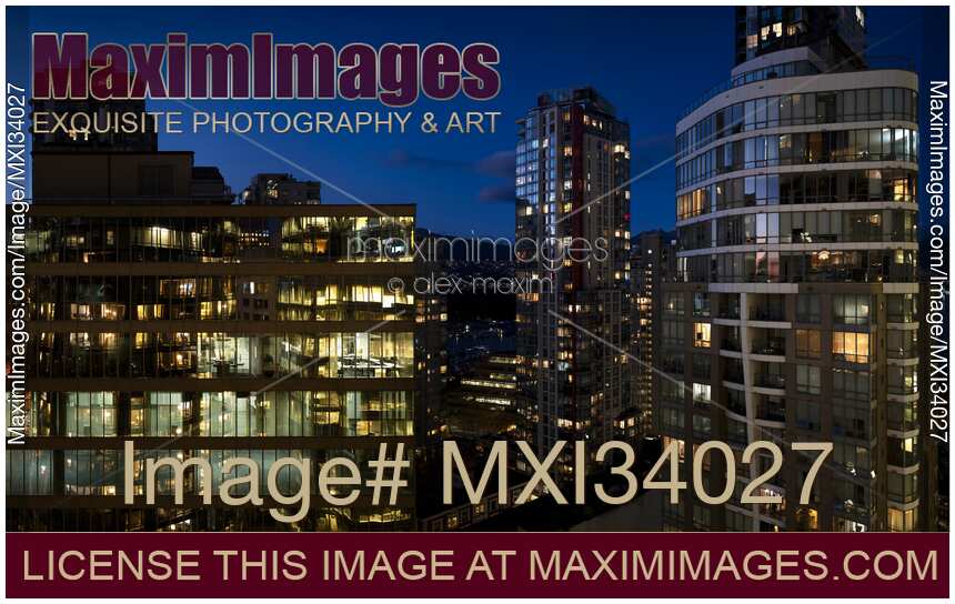 Vancouver downtown night cityscape scenery of high-rise office buildings and condo towers