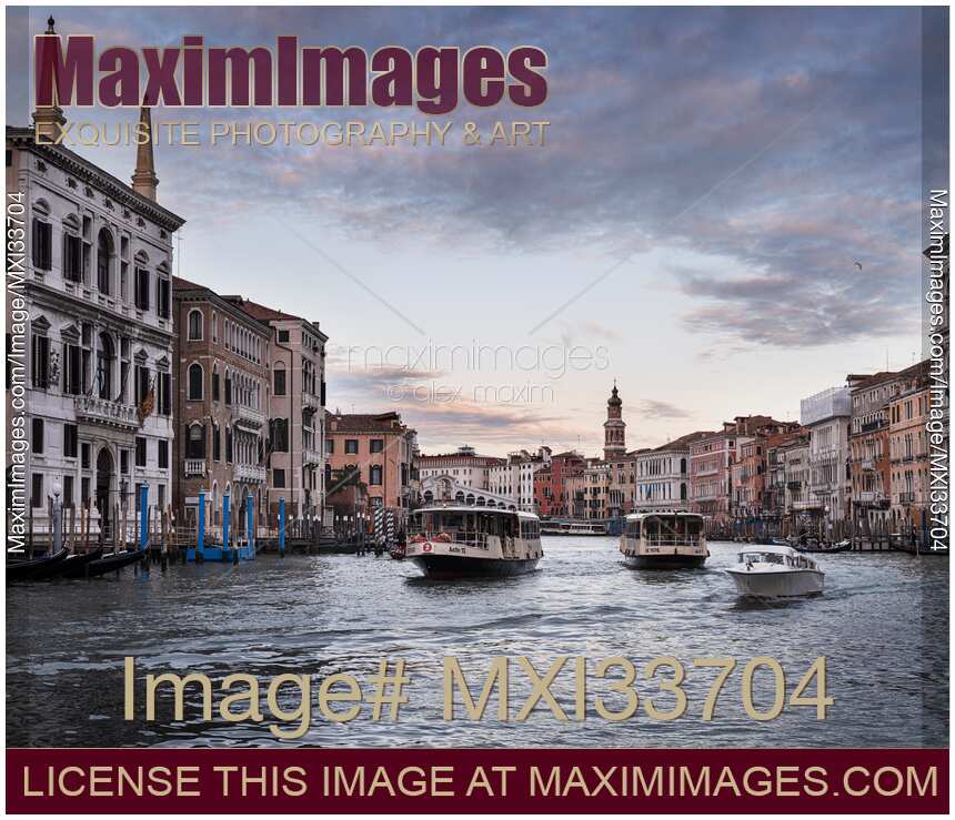 Venice Grand Canal with beautiful historic Venetian architecture and Vaporetto water buses