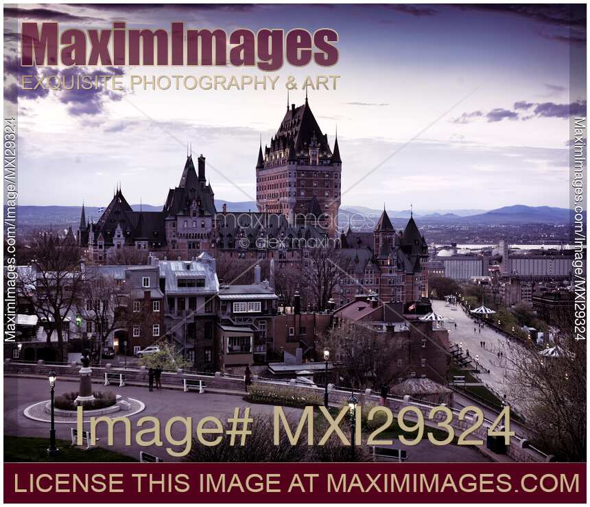 View from the hilltop on Fairmont Le Chateau Frontenac in Quebec city Canada at dusk