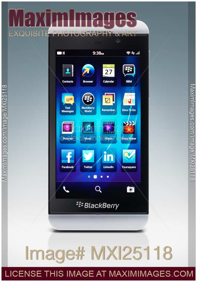 White Blackberry Z10 smartphone on blue