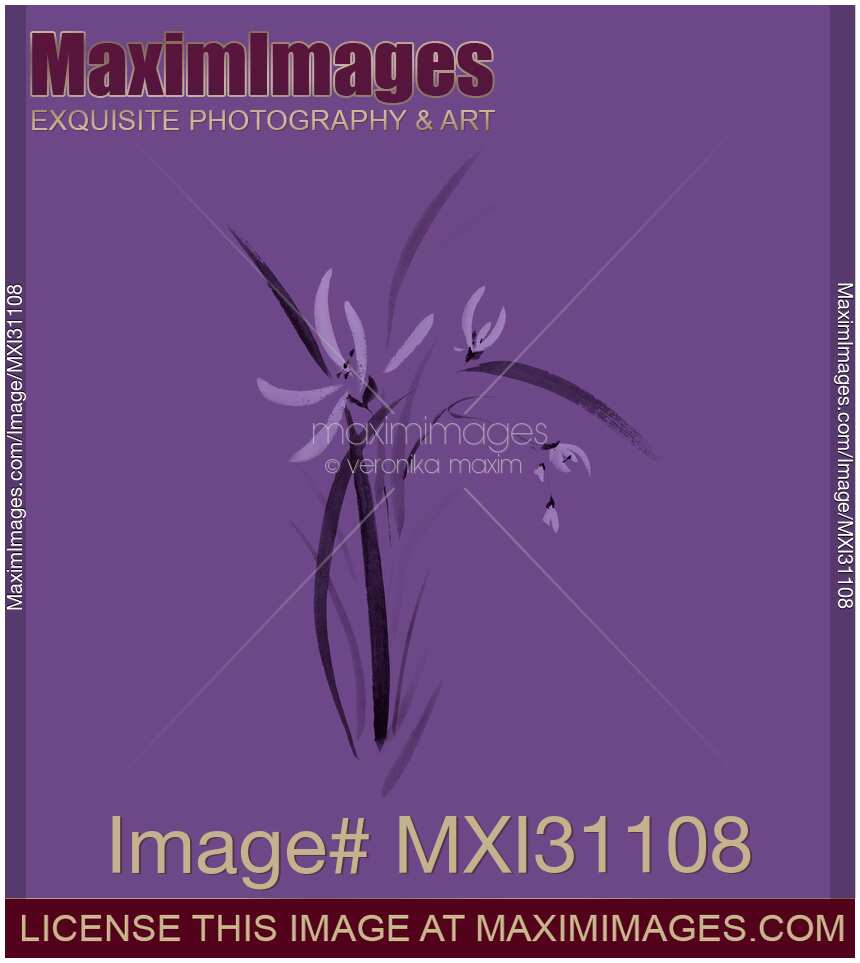 Wild orchid flowers sumi-e painting artistic design on light purple background