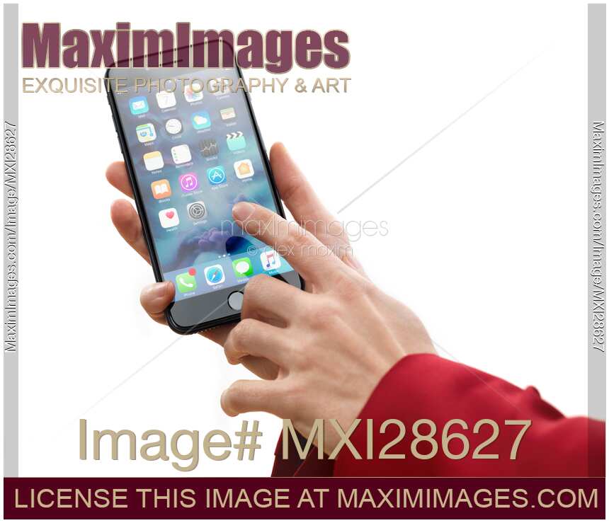 Woman hand with Apple iPhone 7 Plus touching screen