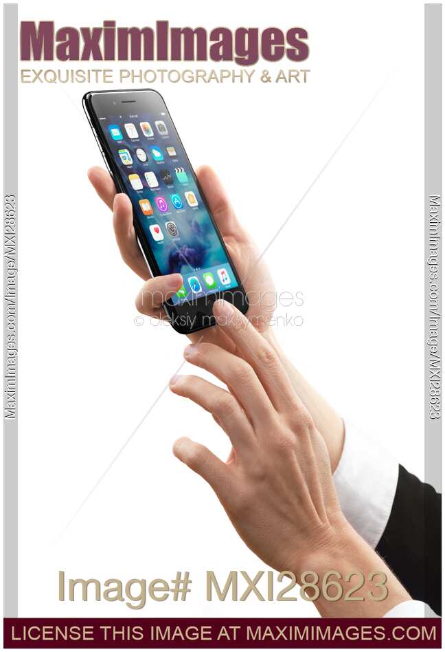 Woman hands woth Apple iPhone 7 Plus on white background